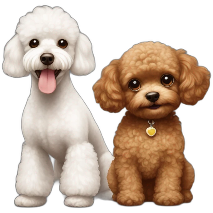 Happy Brown toy poodle with teddy bear haircut next to an all white Maltese emoji