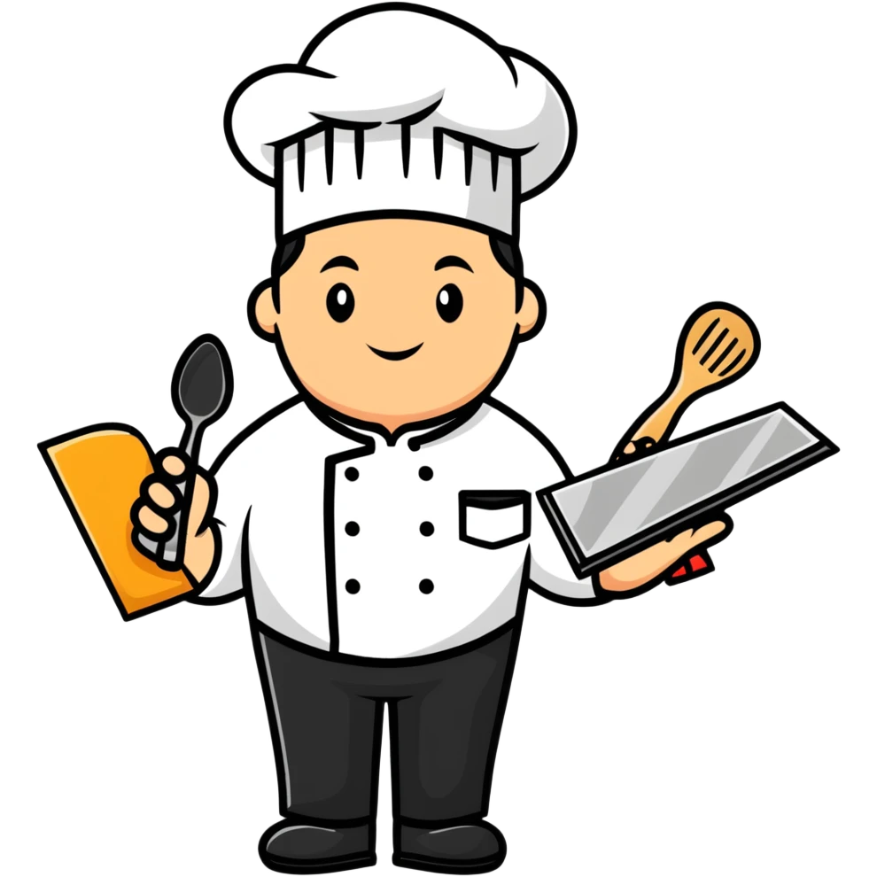 Enthusiastic chef wearing business suit and chef hat, holding cooking utensils and a sales contract emoji