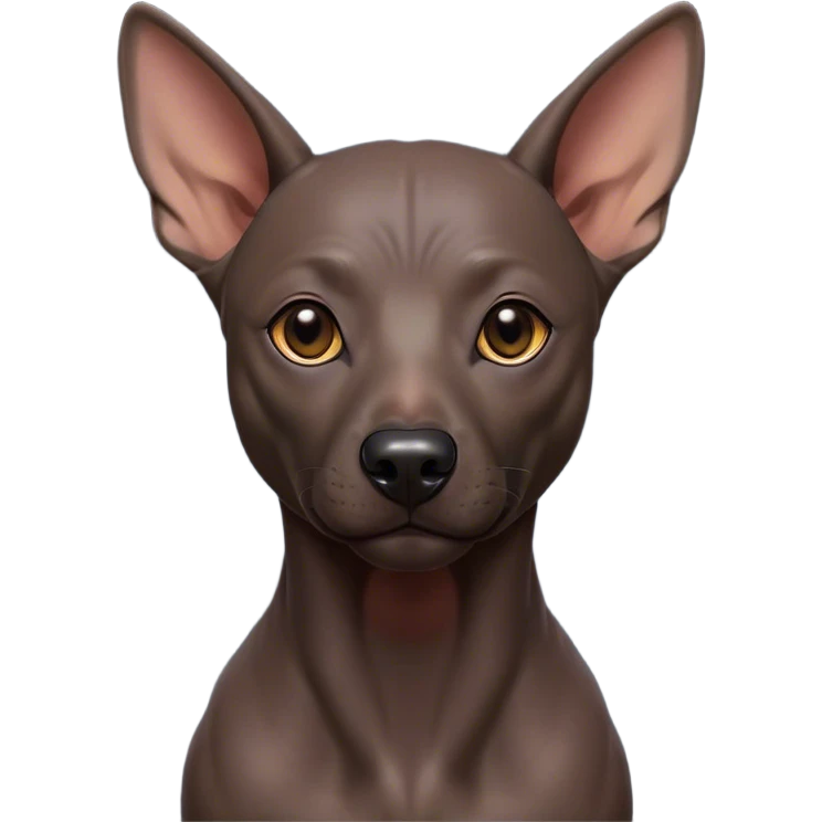 Cinematic Noble Xoloitzcuintle dog Portrait Emoji, Poised and regal, with a sleek, muscular build and smooth, hairless ebony skin accented by subtle wrinkles, deep-set soulful dark eyes, Simplified yet sharp and sophisticated features, highly detailed, glowing with a soft, dignified glow, high shine, intelligent and loyal, stylized with an air of ancient grace, focused and attentive, soft glowing outline, capturing the essence of a watchful and confident guardian, so majestic it feels as though it could stride out of the screen with effortless authority! emoji