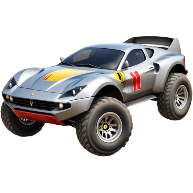 Satan’s RedBull Ferrari -colored Dirty and dented Local Motors Rally Fighter off road race car hot rod trophy truck-style basher flying on a dusty road (silver wheels) emoji