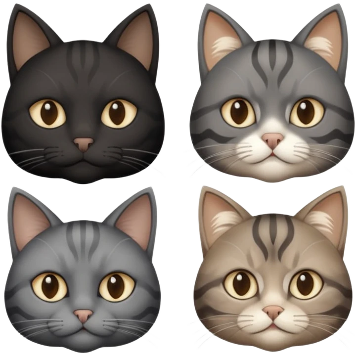 gatto nero con muso zona naso bianco (ricorda la maschera di batman), gatto siberiano grigio e beige mescolato, gatto grigio chiaro con qualche striatura grigio scura, gatto marrone con macchie beige emoji