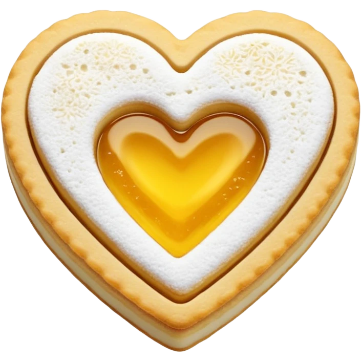 Realistic shortbread cookie in the shape of a heart with color of lemon jelly middle filling and sprinkled powder sugar on top. emoji