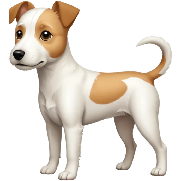a full body facing front on of a buff white parson russell terrier looking dog the size of a kelpie with light brown long ears and a light brown patch on one eye and a large snout. the rest of the dog is completely white.  emoji