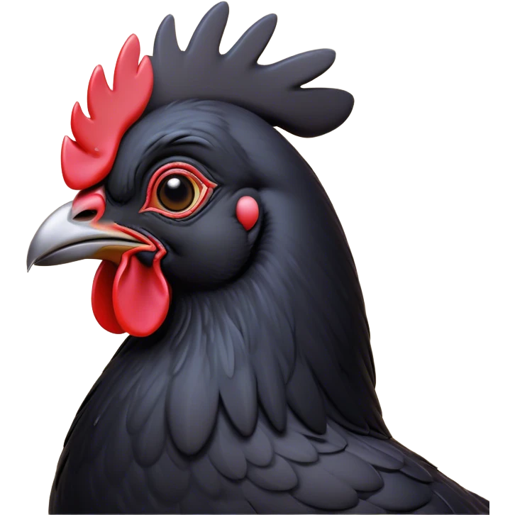 Cinematic Noble Black Chicken Portrait Emoji, Poised and regal, with a compact, sturdy build and a glossy, well-groomed pure black plumage, deep-set soulful beady eyes, Simplified yet sharp and sophisticated features, highly detailed, glowing with a soft, dignified glow, high shine, intelligent and alert, stylized with an air of mysterious elegance, focused and attentive, soft glowing outline, capturing the essence of a watchful and confident fowl, so majestic it feels as though it could strut out of the screen with effortless authority! emoji