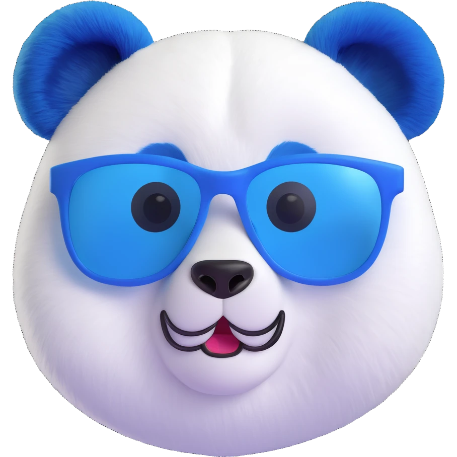 3D emoji of a playful and modern panda face inspired by classic panda emoji, with white and rich blue color scheme #002FA7 instead of black, wearing stylish white translucent designer glasses, smooth 3D finish emoji