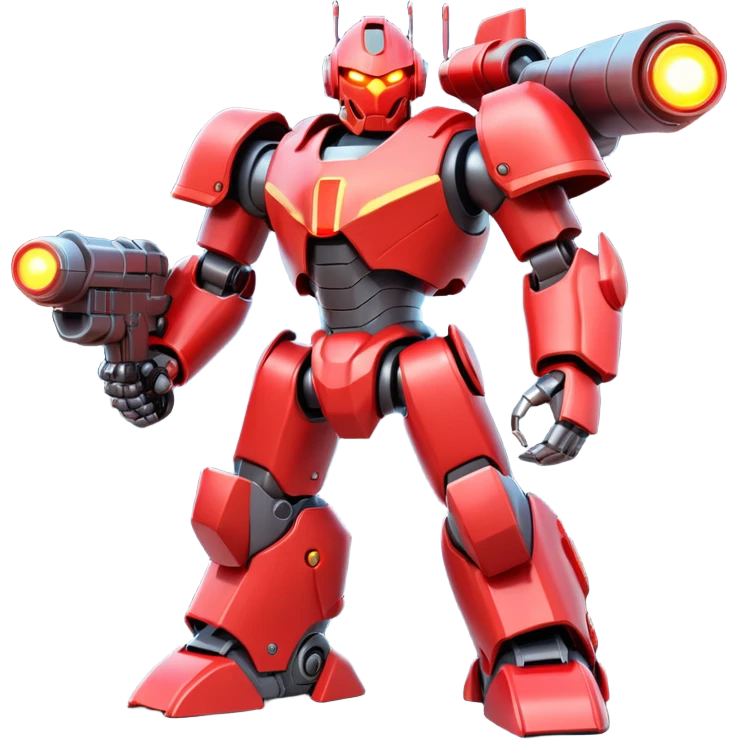 powerful battle robot, bulky armor, sharp edges, glowing red lights, large shoulder cannons, intimidating pose, 3D cartoon, mobile game icon style, clean background, no text, no watermark
 emoji
