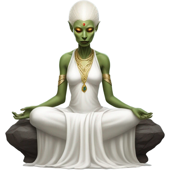 a Reptilian alien woman,in meditation, white dress like a priestess emoji