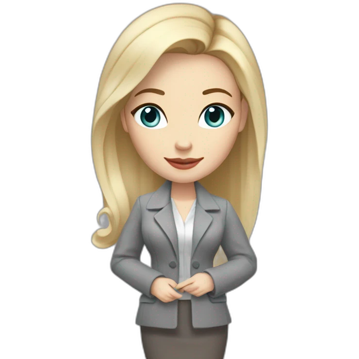full height pale skin woman with cold blonde straight middle length hair, care haircut, White blouse, Gray oversize jacket, Gray skirt holding a color palette in the hands emoji