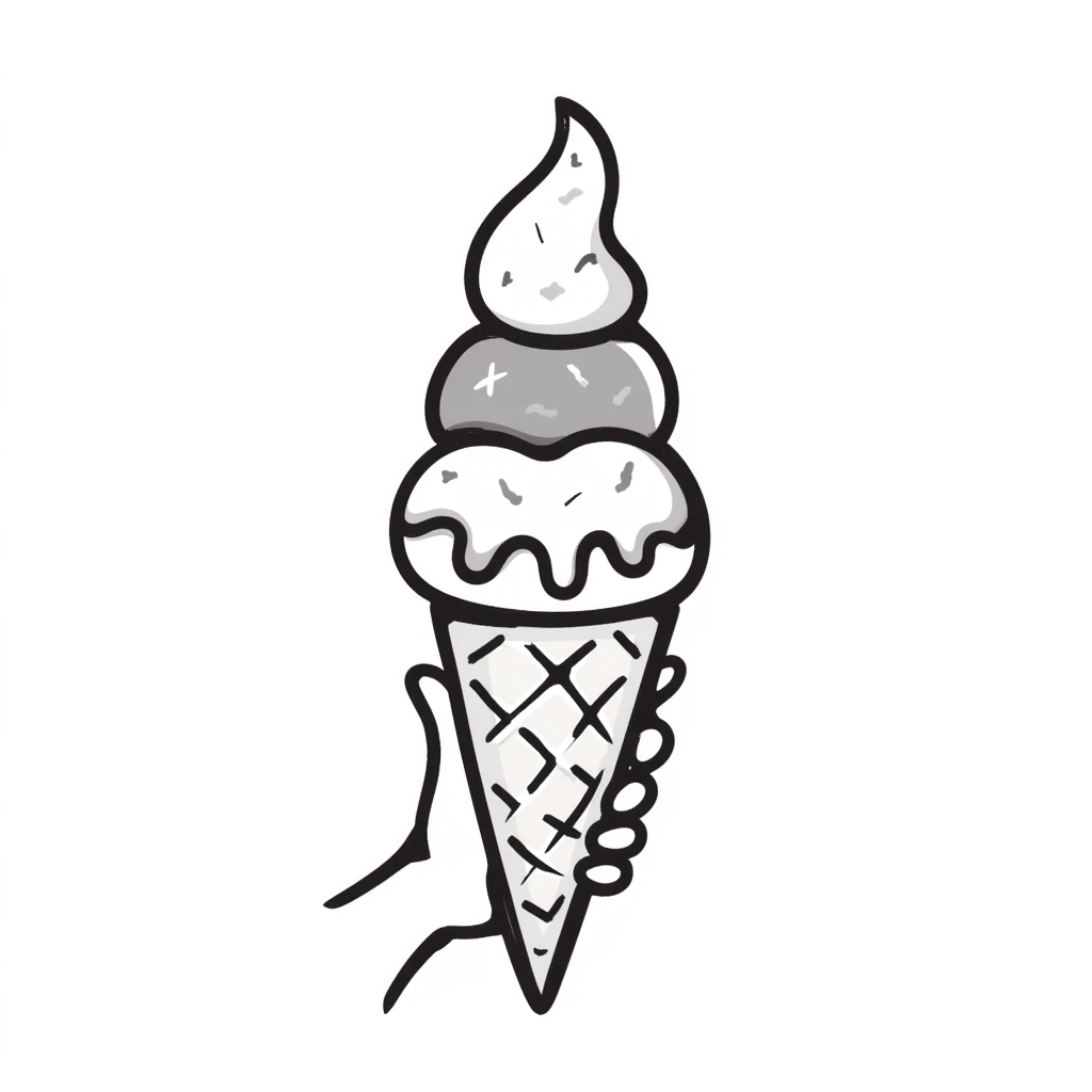 An ice cream cone with scoops of ice cream in pastel colors (dd9fb0, ffc6d3, a3bfc9, c4bee2, f1b091), hand-drawn doodle style emoji