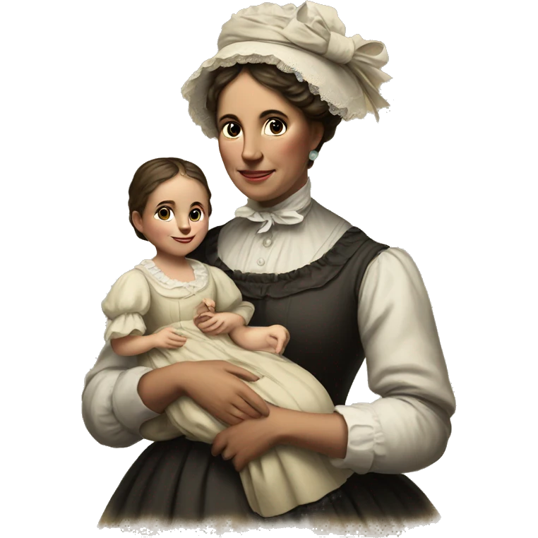 A 19th century woman with a child in her arms. There is a big letter "A" on the dress emoji