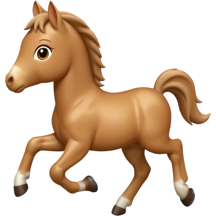 3D Apple-style emoji of a running foal. Small young horse with light brown body, short mane, big eyes, rounded and glossy, smooth shading, white background.

 emoji
