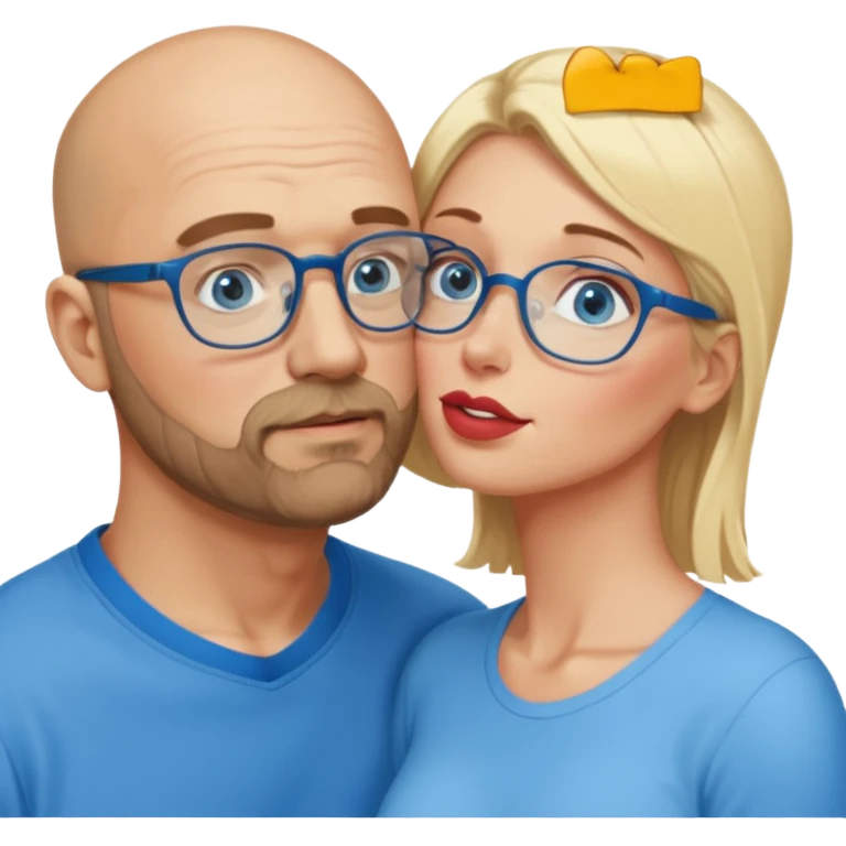 middle age bald man with heavy scruff, blue eyes and glasses.  Kissing blonde woman with blue eyes, the woman does not have glasses on emoji