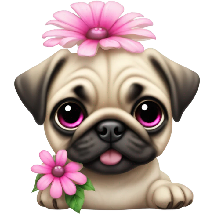 Baby pug playing with a flower pink eyes  emoji