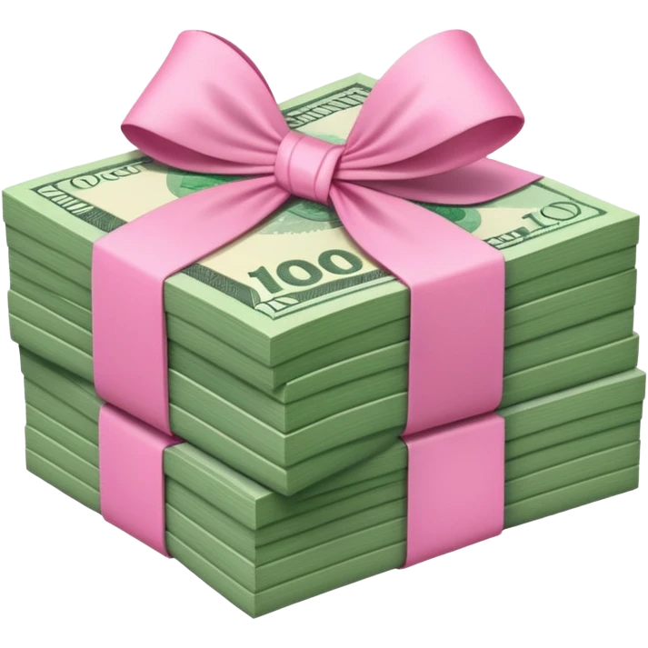 Forest Green Australian $100 notes stacked together and wrapped in a pink bow emoji