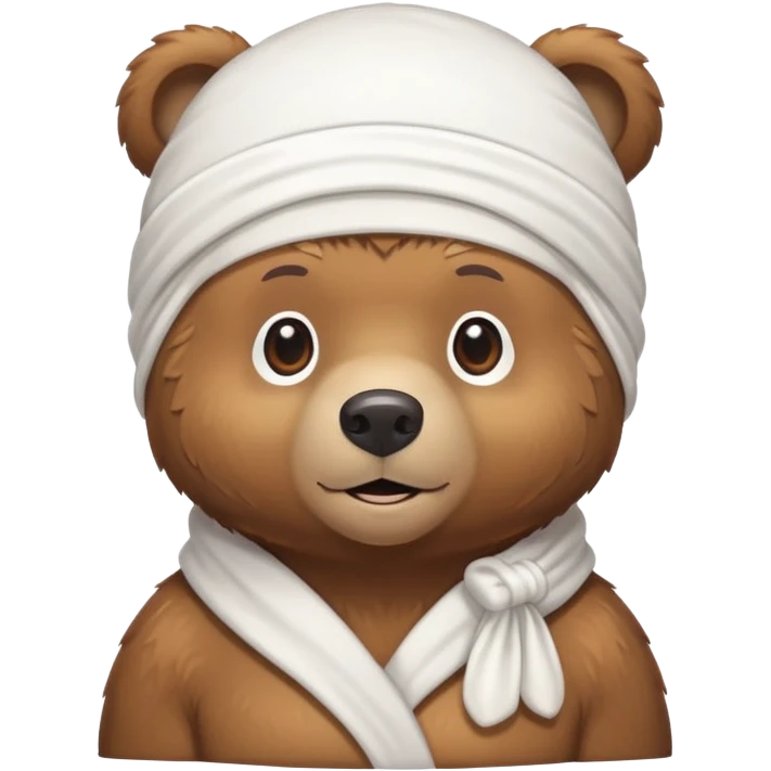 Brown bear wearing a white durag on its head, cute face emoji