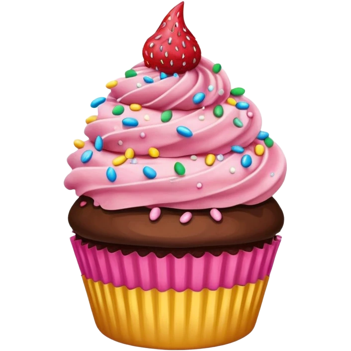 cupcake emoji with strawberry cake batter, chocolate frosting, and colorful fairy sprinkles emoji
