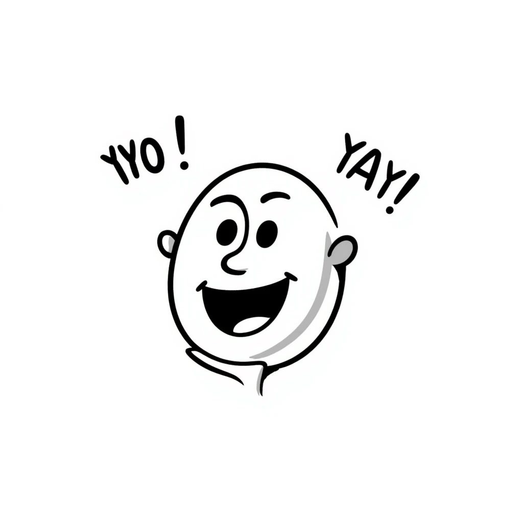 Happy face with big smile saying "YAY!" emoji