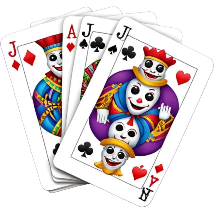 3 poker cards, with crazy colorful human jolly jokers inside emoji