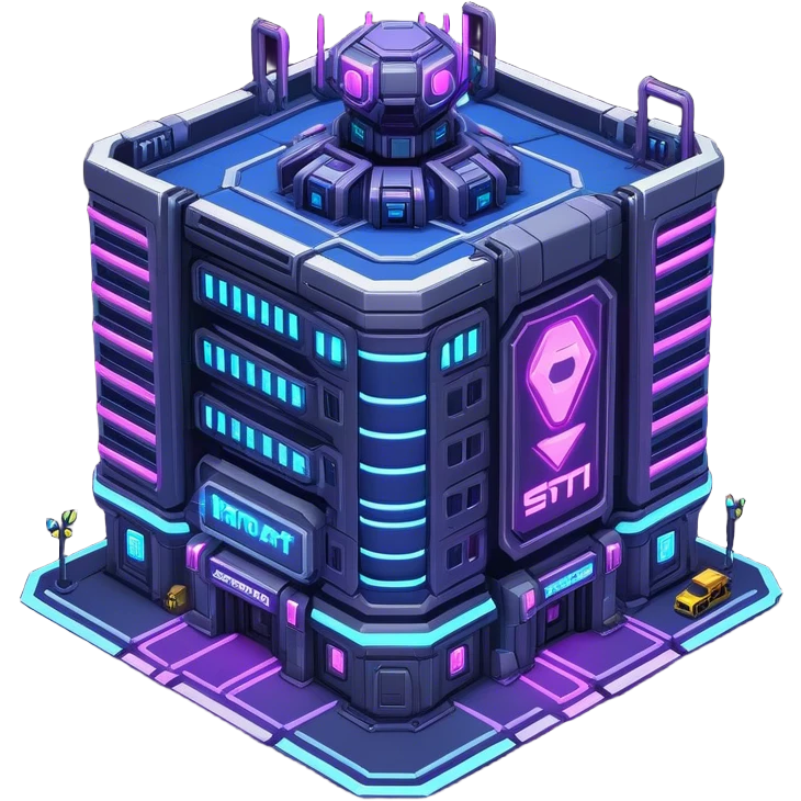 StarCraft-inspired, sci-fi, isometric RTS, cyberpunk building, neon lights emoji