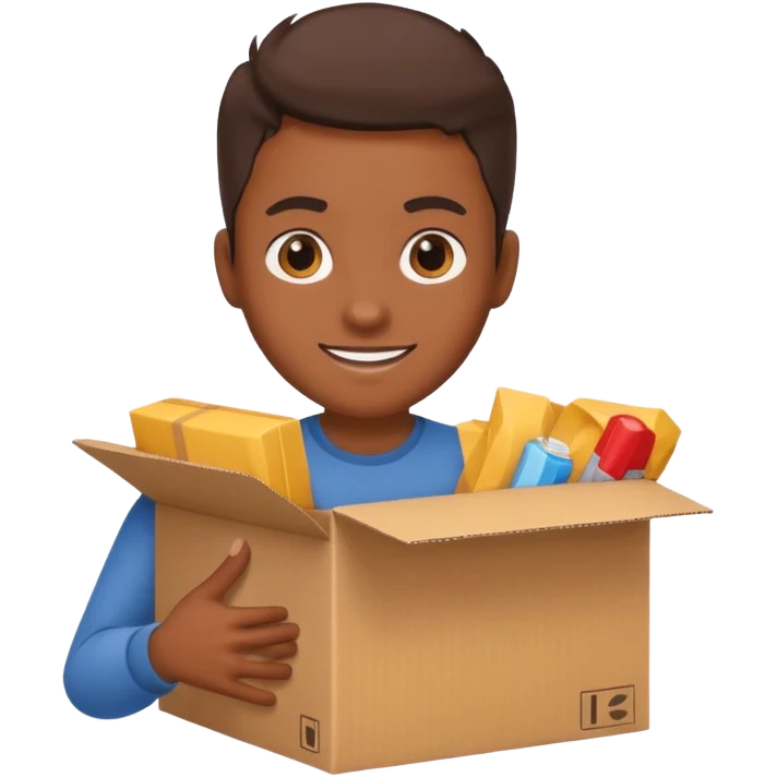 Generate a realistic emoji-style icon of the a person clever packing a package. That he´s clever by packing a box has to be easily noticed. emoji