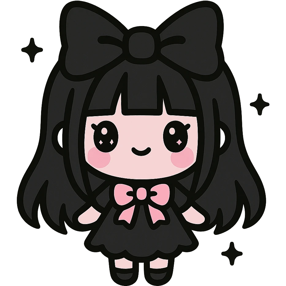 Blackpink in kawaii goth style, adorable but dark, oversized bows, black and pink emoji