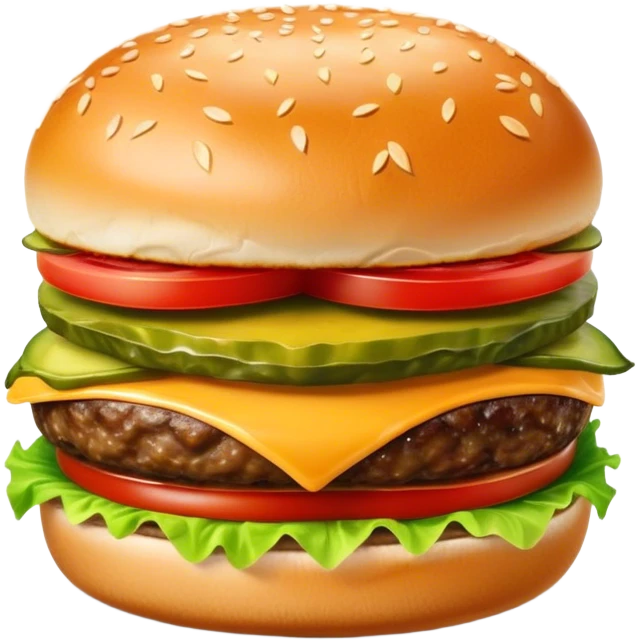 Cinematic juicy cheeseburger, perfectly grilled patty, melted cheese, crisp lettuce, tomatoes, and pickles, soft sesame seed bun, glossy and rich, warm glowing background, ultra-detailed and appetizing. emoji