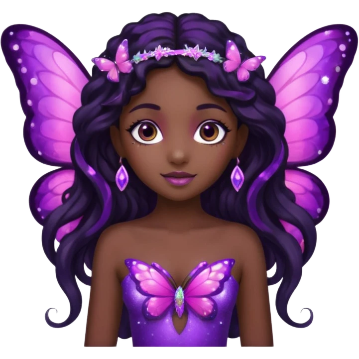 Black girl fairy with long wavy black hair, pink and purple red butterfly wings sparkly emoji
