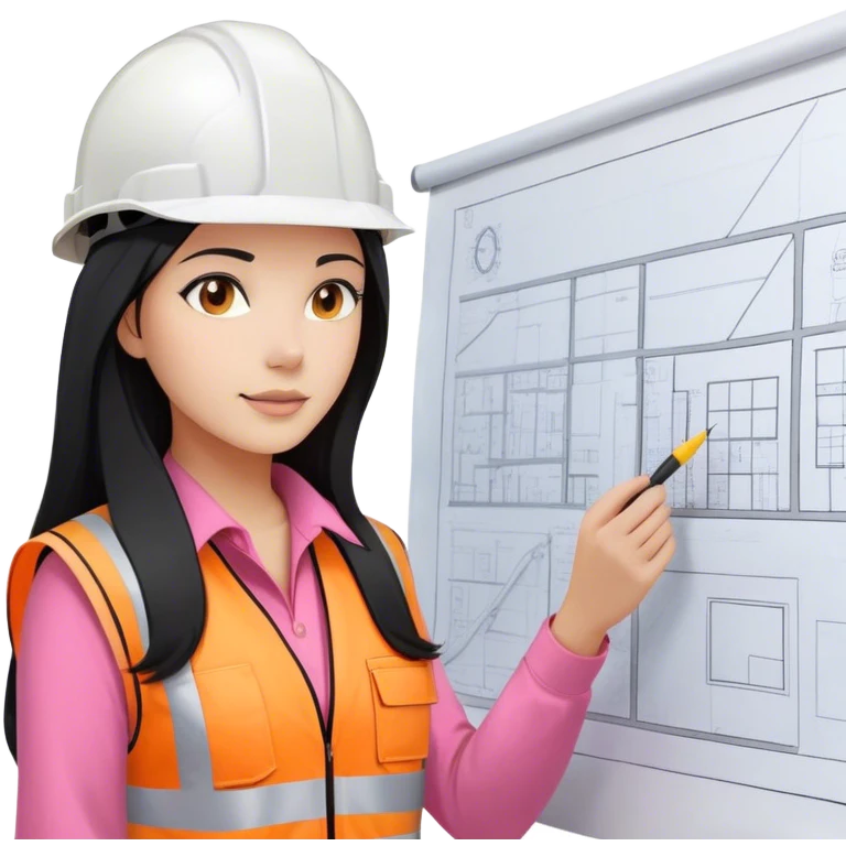 Female civil engineer with long black hair and white helmet wearing pink shirt and an orange safety vest looking at big drawing plan  emoji