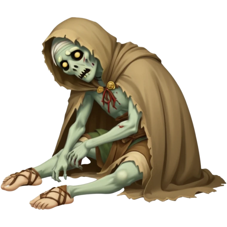 fullbody zombie leper in a prone pose, face down, with ancient sandals and ragged cloak, normal emoji style emoji