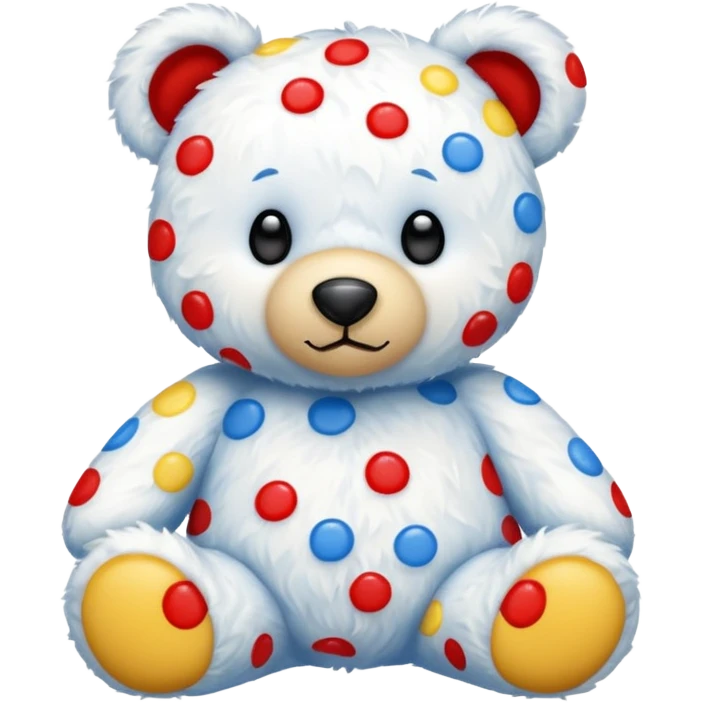 White teddy bear covered with blue, red and yellow spots emoji
