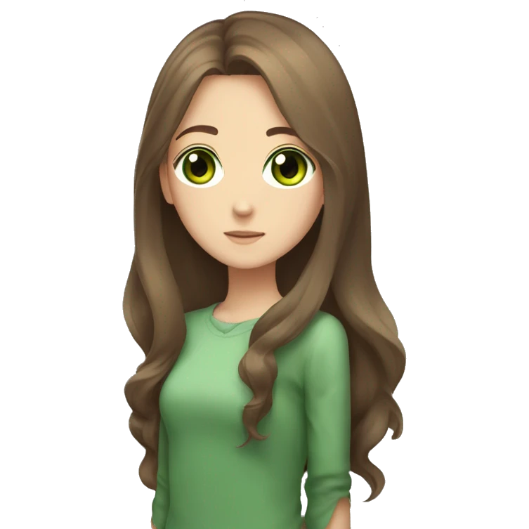 small anime girl with brown hair, light brown skin, big green eyes, long brown hair, brown skin, green eyes emoji