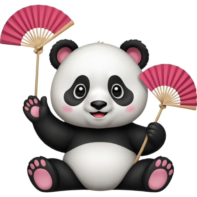 A panda waving a painted fan joyfully, cheeks puffed in excitement sitting
 emoji
