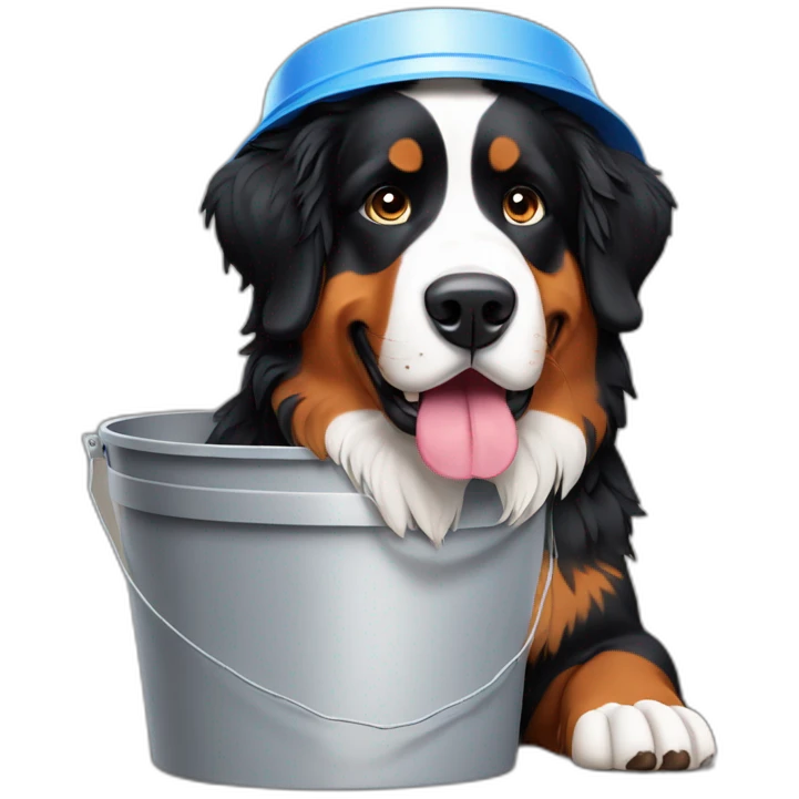 Bernese mountain dog with a plastic bucket on his head emoji