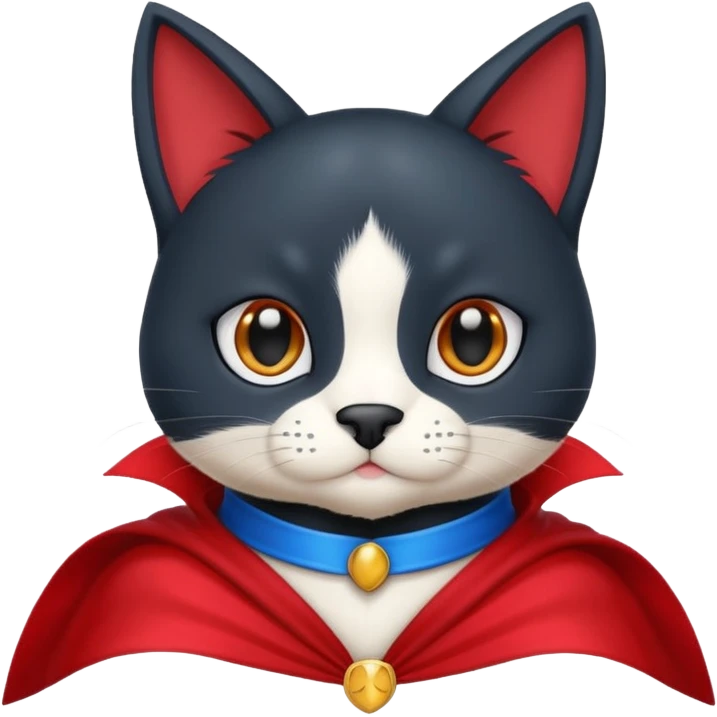 Black tuxedo cat head on cartoon character Underdog’s body emoji