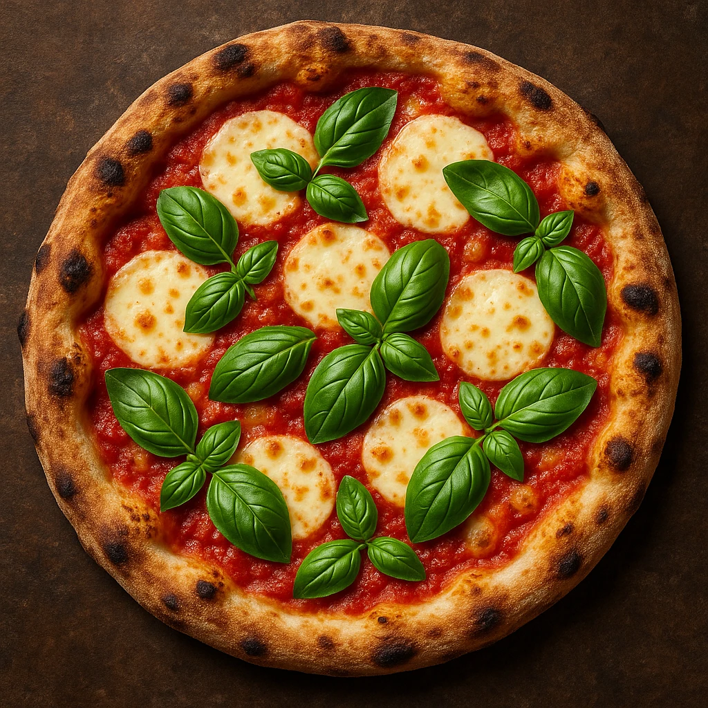 top-down view margarita pizza with rustic crust and fresh basil emoji