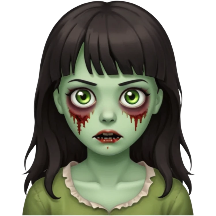 Zombie girl, with bangs above her eyebrows, her dark hair, thin eyebrows. Long hair and Wavy emoji
