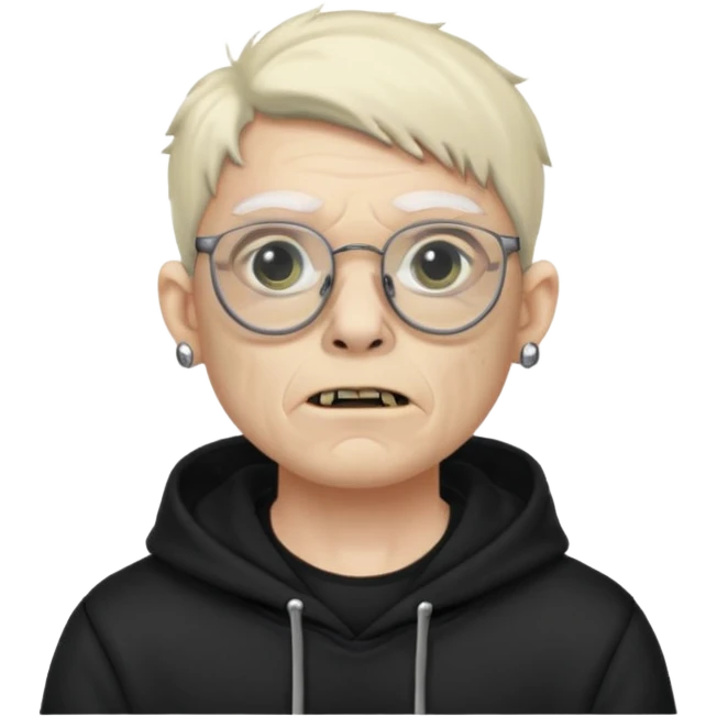 Chico moreno zombie, con gafas y sudadera negra, dos aretes en la oreja izquierda y dos en la derecha, ojeras en los ojos y emoji