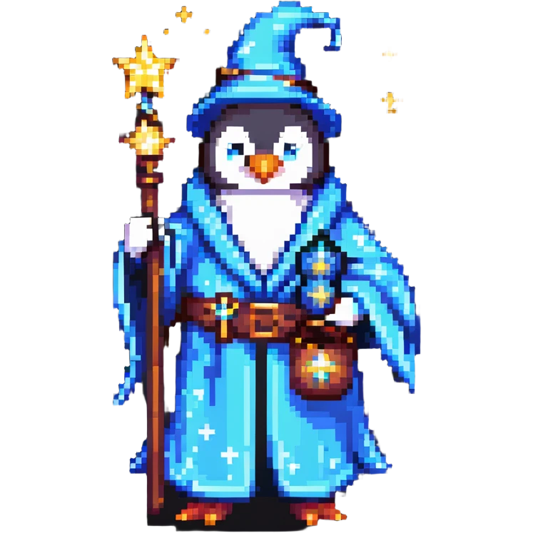 Penguin wizard with robe and magical stars emoji