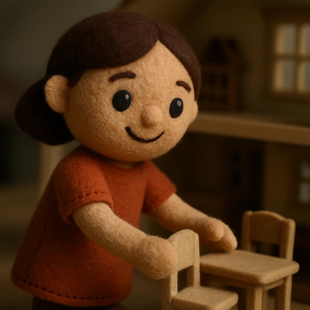 smiling girl arranging furniture in doll house emoji