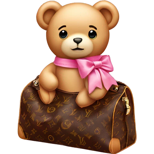pink bow teddy bear solo looking out of louis vuitton  bag emoji
