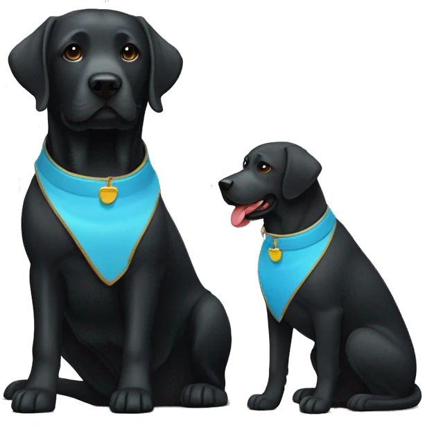 black-coloured labrador on the left with red collar, black-coloured labrador on the right with light blue collar. emoji