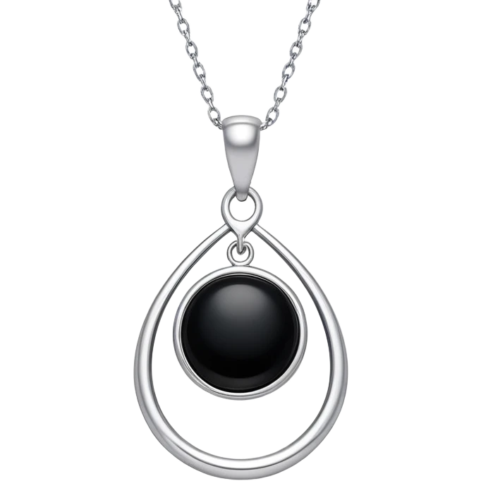black onyx pendant with a faint white glow emerging from its center, symbolizing hidden power, on a delicate silver chain that flows like liquid emoji