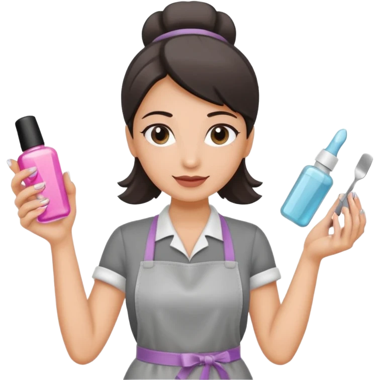 female nail master in grey apron with small gel polish in one hand and nail file in other  emoji