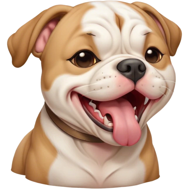 Cinematic Cute Yawning Solid Tan American Bulldog Portrait Emoji, Head tilted slightly with a dramatic, wide-open yawn, short tan fur with a velvety texture, floppy ears slightly drooping, round brown eyes barely open in drowsy contentment, Simplified yet irresistibly adorable features, highly detailed, glowing with a soft, cozy glow, high shine, relaxed yet expressive, stylized with a touch of whimsy, bright and endearing, soft glowing outline, capturing the essence of a sleepy yet affectionate pup, so drowsy it feels like it could stretch right out of the screen and curl up for a nap! emoji