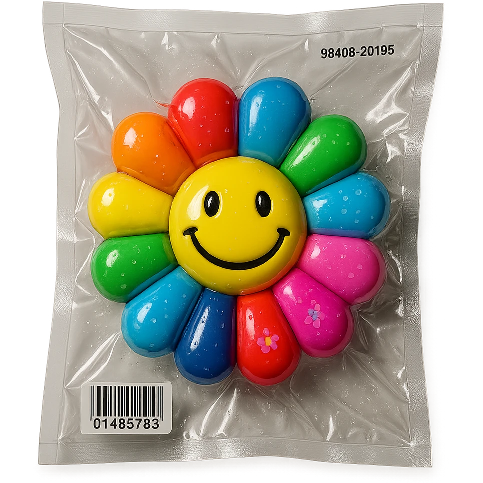 tiny multicolored flowers, shiny and inflated, vacuum-sealed style emoji