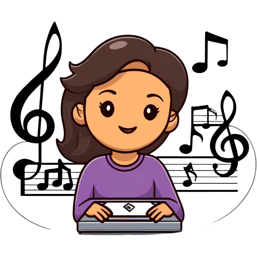 confident young morena woman, medium-brown skin, long straight dark brown hair, thick eyebrows, almond-shaped dark brown eyes, full lips, gentle smile, surrounded by musical notes, treble clefs, sound waves, dreamy colorful illustration, sticker-like white outline emoji