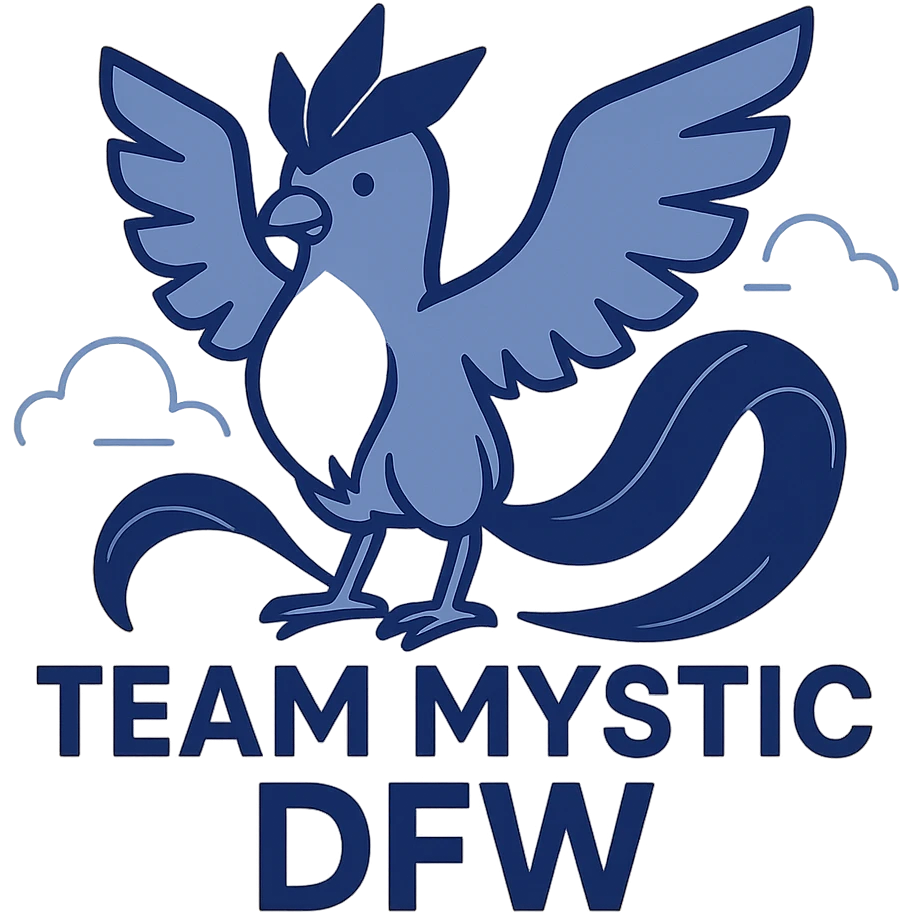 logo for Pokémon Go Team Mystic DFW featuring iconic blue Articuno, bold text 'Team Mystic DFW', modern clean style, blue and white color scheme emoji