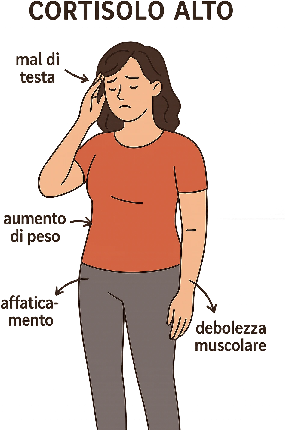 donna con Cortisolo alto con freccie che indicano. In italiano emoji