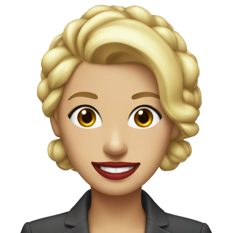 blonde woman with hair tied up in a suit and red lipstick smiling emoji