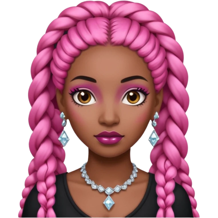Attractive black woman with a wide face, dark makeup, Long pink braids and diamond earrings emoji